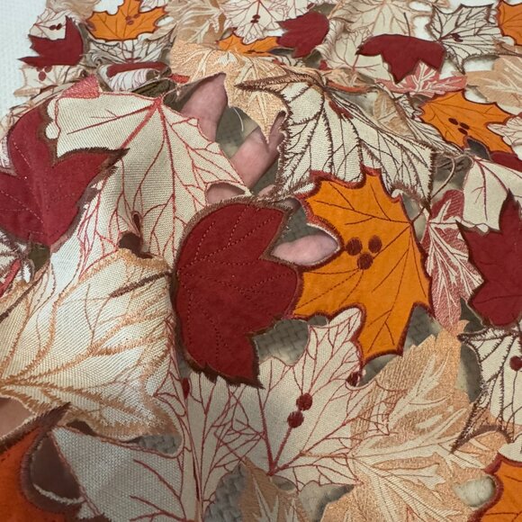Square Maple Leaves Autumn Fall Centrepiece Linen or Small Tablecloth Embroidery - Picture 4 of 6
